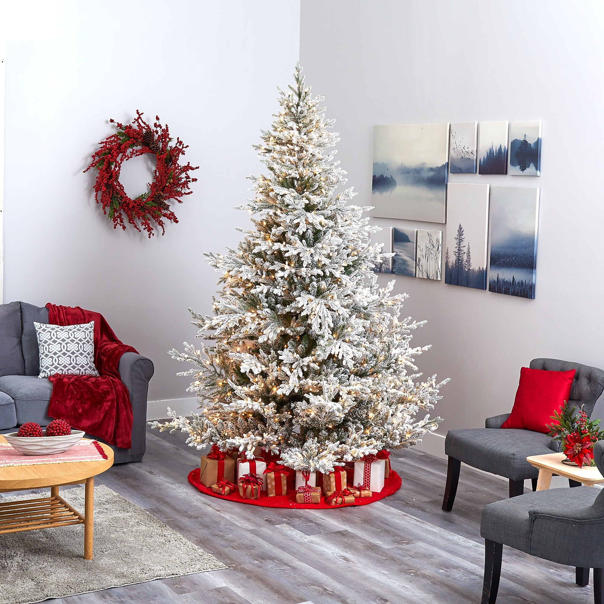 Nearly Natural 8-ft Flocked Fraser Fir Artificial Christmas Tree with 800 Warm White Lights and 4892 Bendable Branches (T1870)