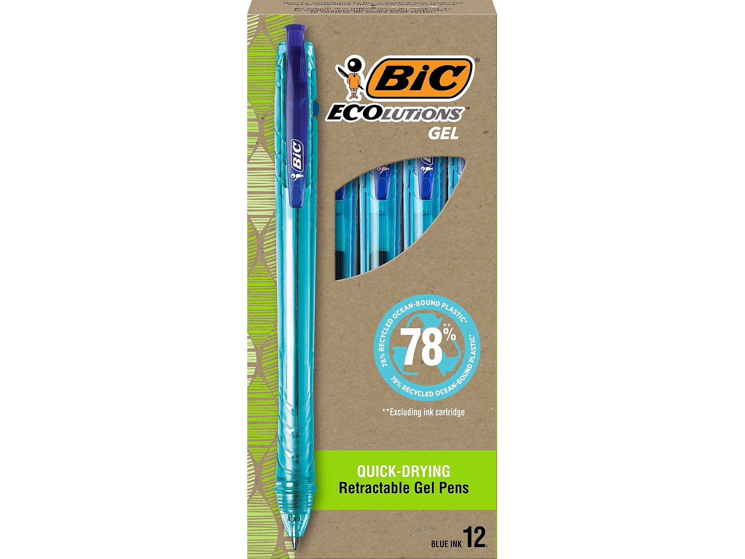 BIC ECOlutions Retractable Gel Pen, Medium Point, 1.0 mm, Blue Ink, 12/Pack (RGLE11-BLU)