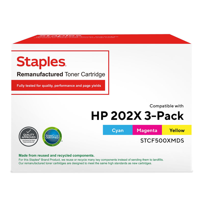 Staples 202X Remanufactured Cyan, Magenta, Yellow High Yield Toner Cartridge Replacement for HP CF500XM, 3/Pack