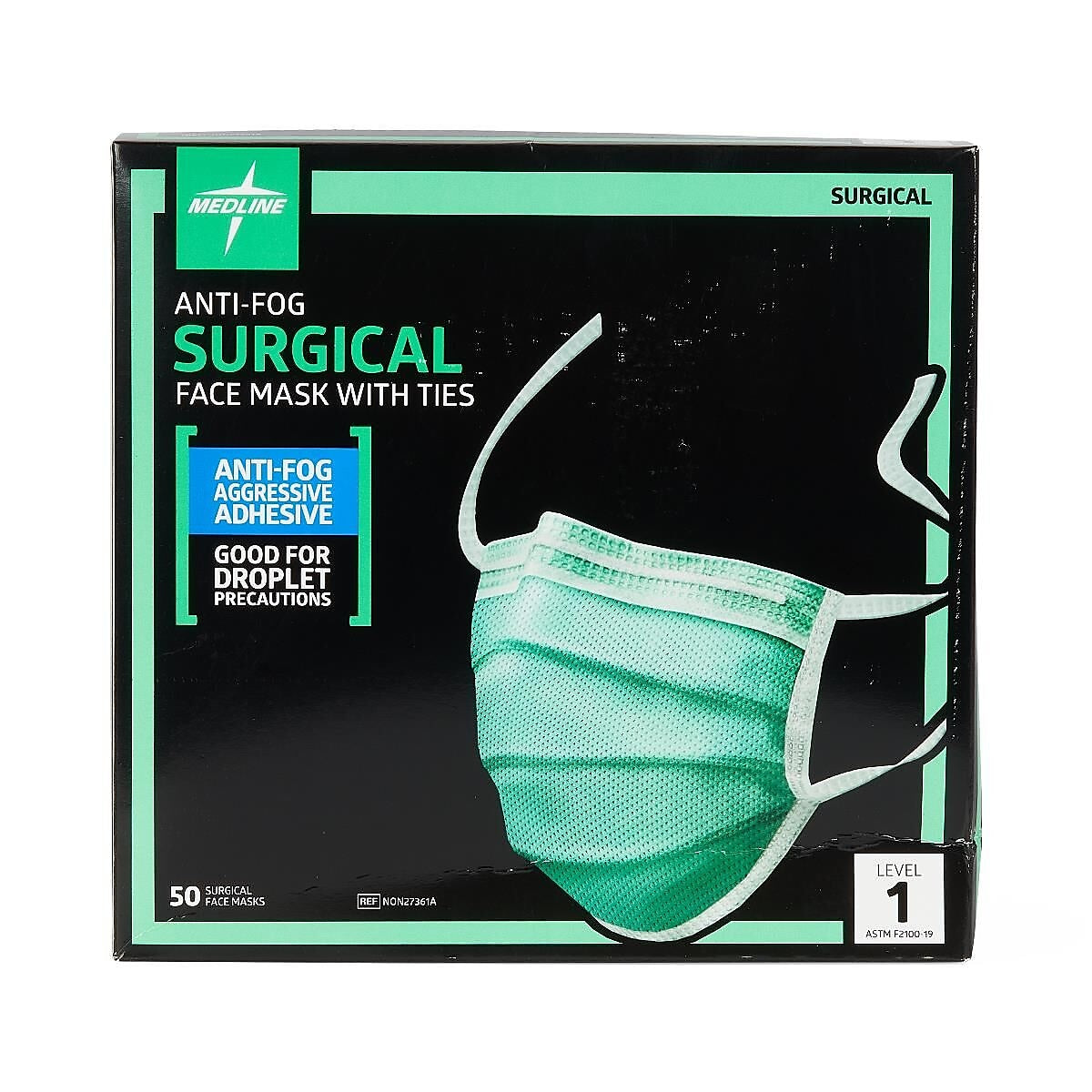 Medline Disposable Level 1 Surgical Face Masks with Aggressive Adhesive Tape, Adult, Green, 300/Carton (NON27361A)