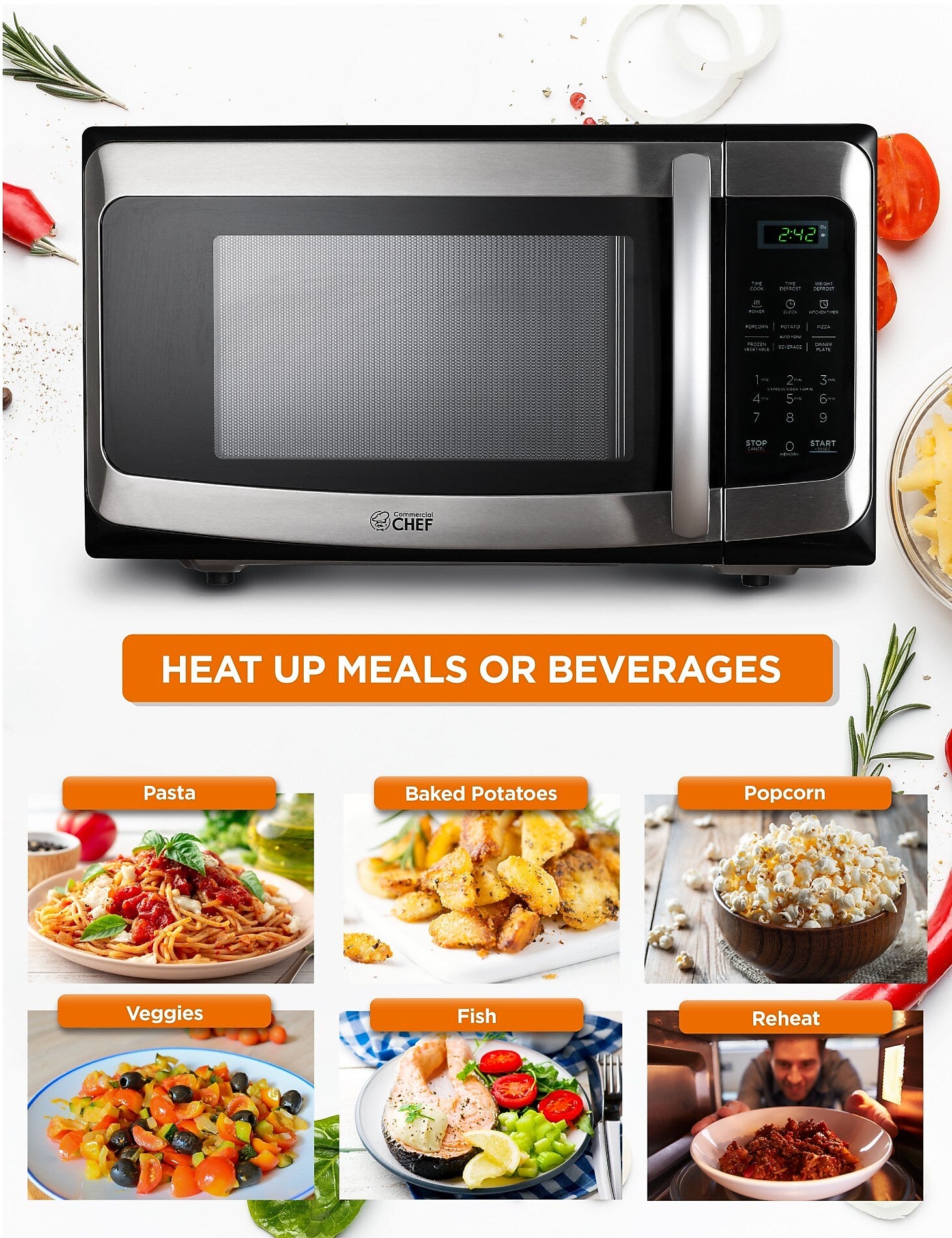 Commercial Chef 1.1 Cu. Ft. Countertop Microwave, Black with Stainless Steel (CHM11MS)