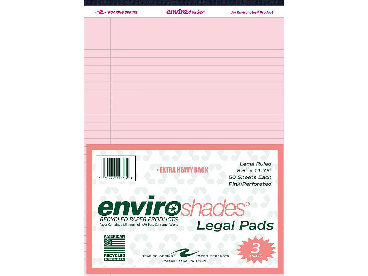 Roaring Spring Paper Products 8.5" x 11.75" Legal Pads, Recycled Pink Paper, 50 Sheets/Pad, 3 Pads/Pack (74153)