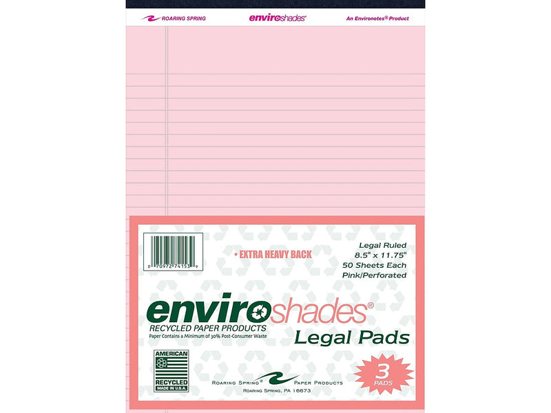 Roaring Spring Paper Products 8.5" x 11.75" Legal Pads, Recycled Pink Paper, 50 Sheets/Pad, 3 Pads/Pack (74153)