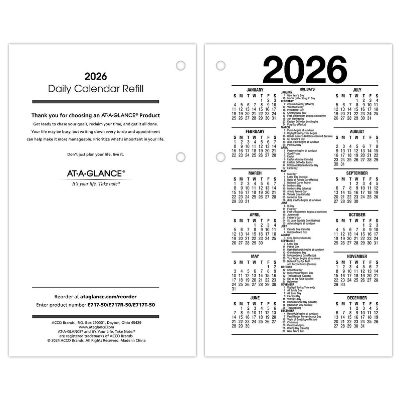 2026 AT-A-GLANCE 6" x 3.5" Daily Calendar Refill Pages, White (E717-50-26)