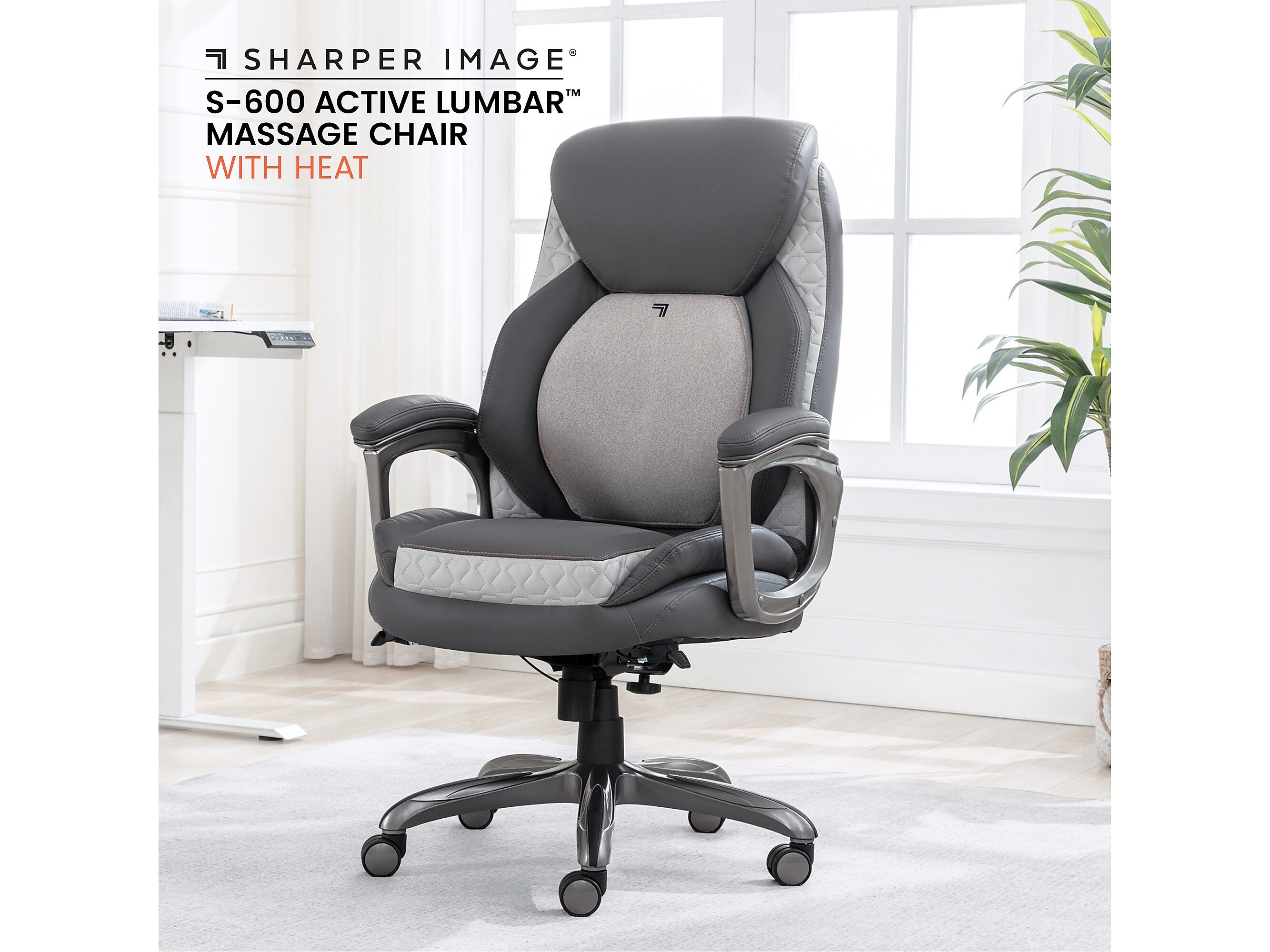 Sharper Image S-600 Active Lumbar Heated Ergonomic Bonded Leather Swivel Executive Massage Chair, Gray (60098-GRY)