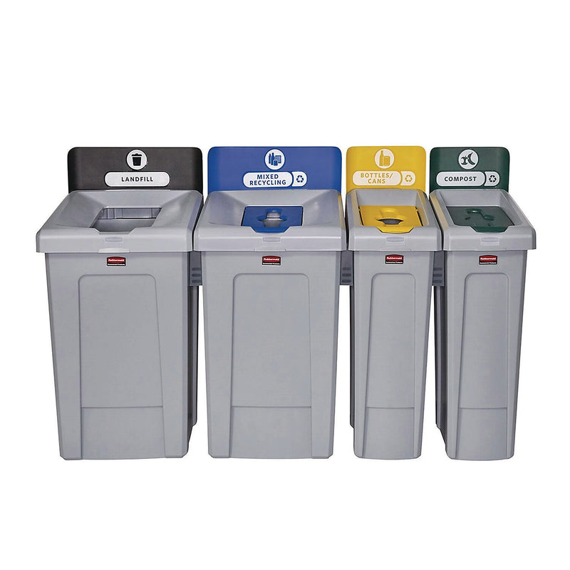 Rubbermaid Commercial Slim Jim Single-Stream Bottles and Cans Recycling Station Kit, 23 Gallon, Gray/Yellow (2185052)