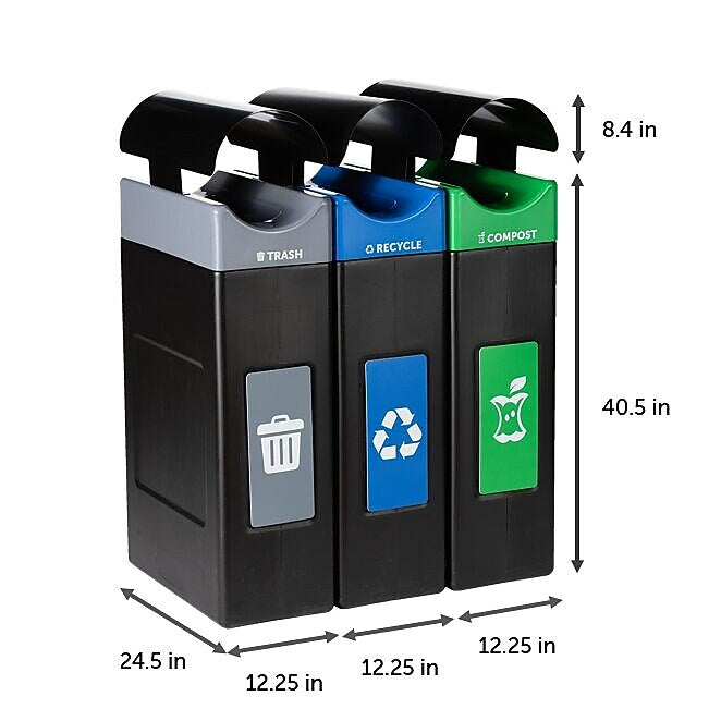 Commercial Zone Avante Series Polyethylene Triple-Stream Trash, Recycling and Compost Center, 90 Gallon, Black (787306MSA)