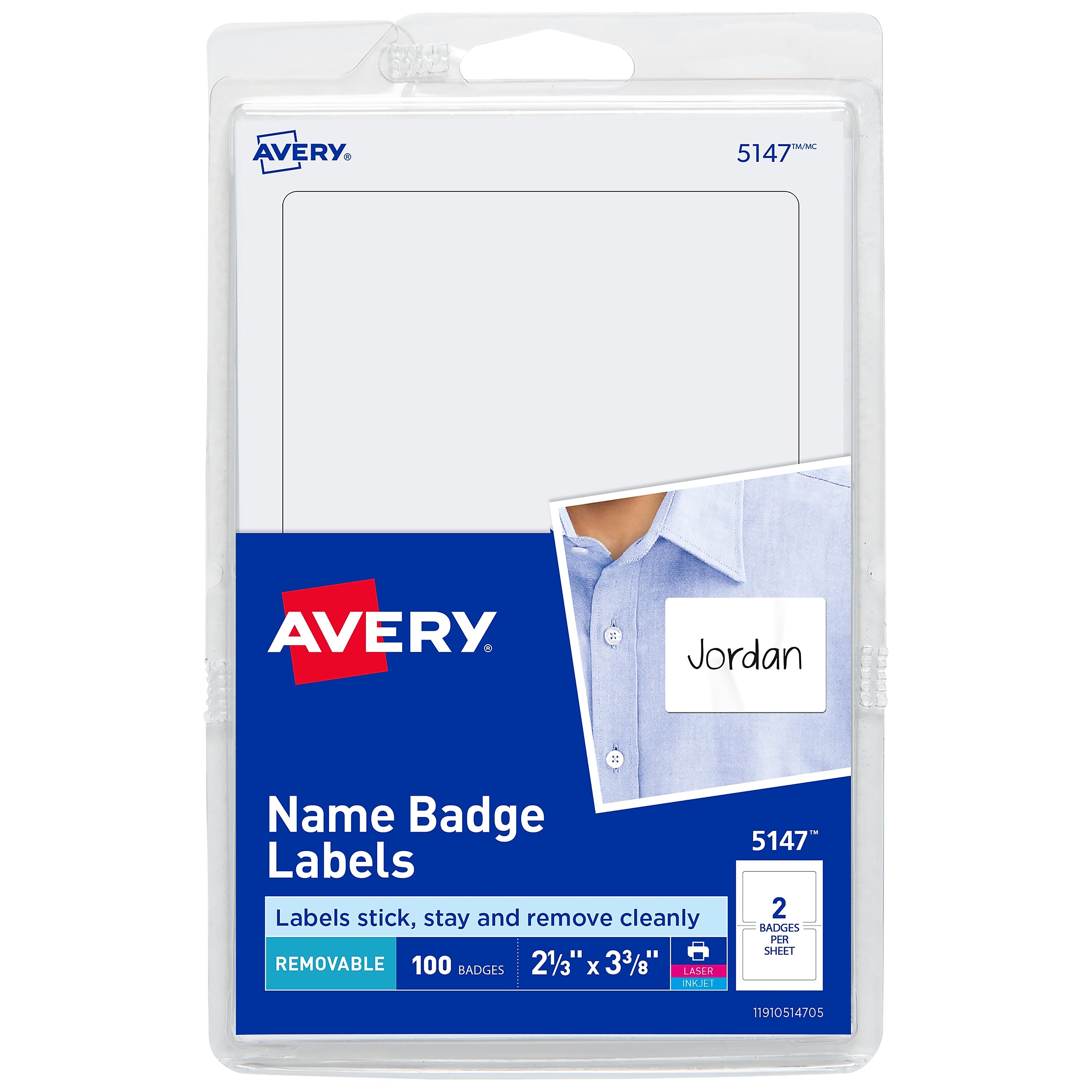 Avery Adhesive Laser/Inkjet Name Badge Labels, 2 1/3" x 3 3/8", White, 100 Labels Per Pack (5147)