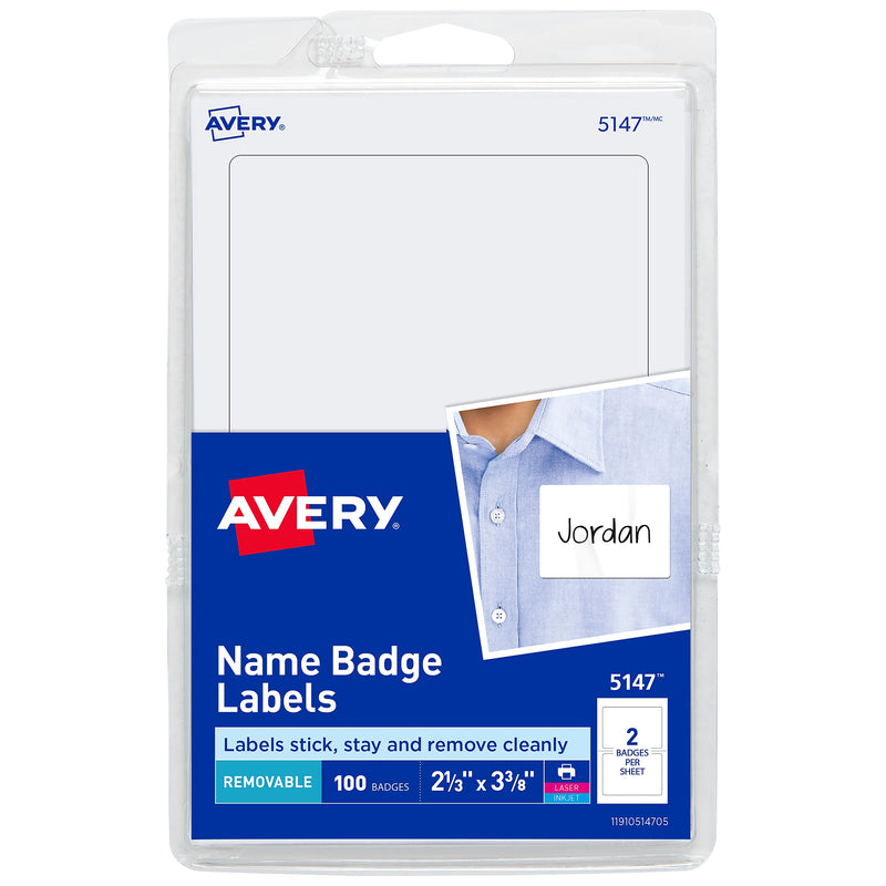 Avery Adhesive Laser/Inkjet Name Badge Labels, 2 1/3" x 3 3/8", White, 100 Labels Per Pack (5147)