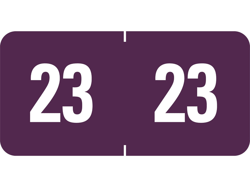 Smead ETS 2023 Color-Coded Year Label, 0.5"H x 1"W, White on Purple, 25 Labels/Sheet, 10 Sheets/Pack, 250 Labels/Pack (67923)