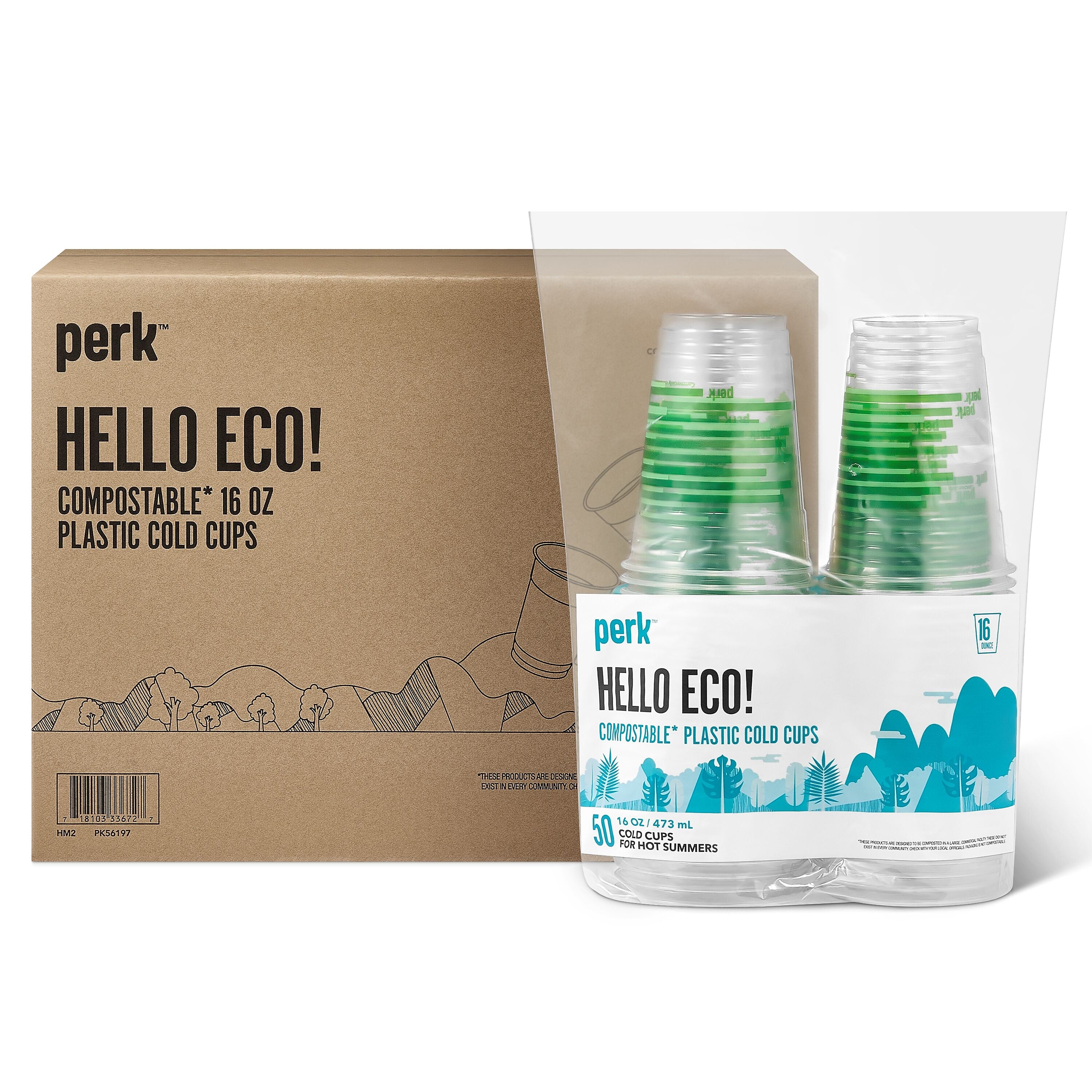 Perk™ Eco Compostable Plastic Cold Cup, 16 Oz., Clear/Green, 300/Carton (PK56197)