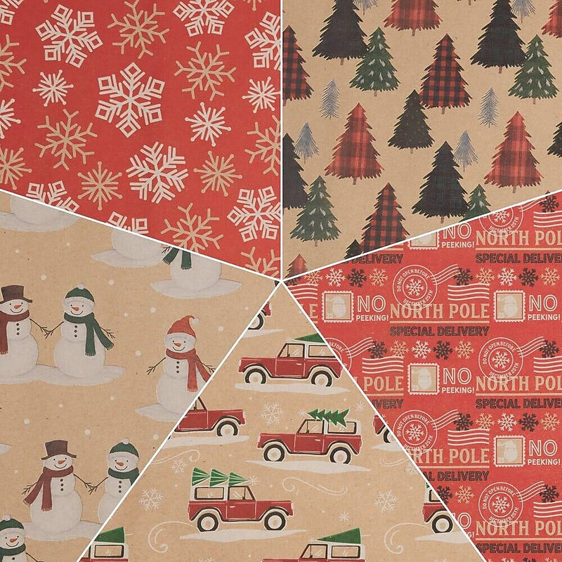 JAM Paper Christmas Wrapping Paper, 25 Sq. ft. x 30", Kids Kraft Christmas Set, 5 Rolls/Pack (165K5KRKID)