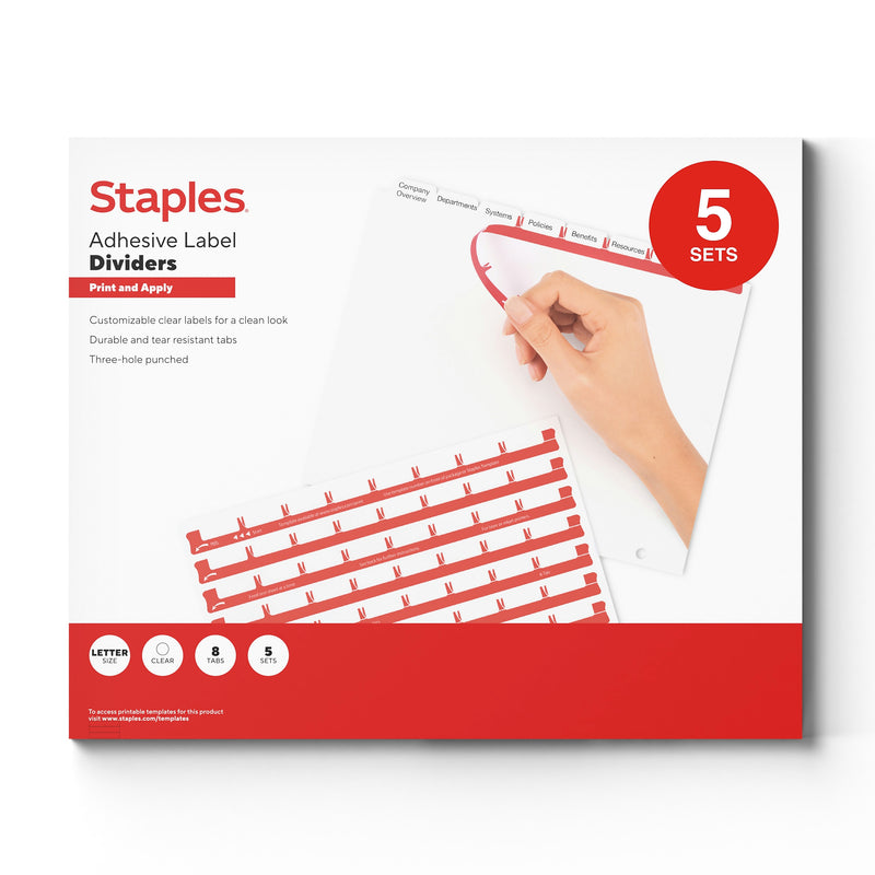 Staples Print & Apply Label Dividers, White, 8-Tabs, 5 Sets (ST63053)