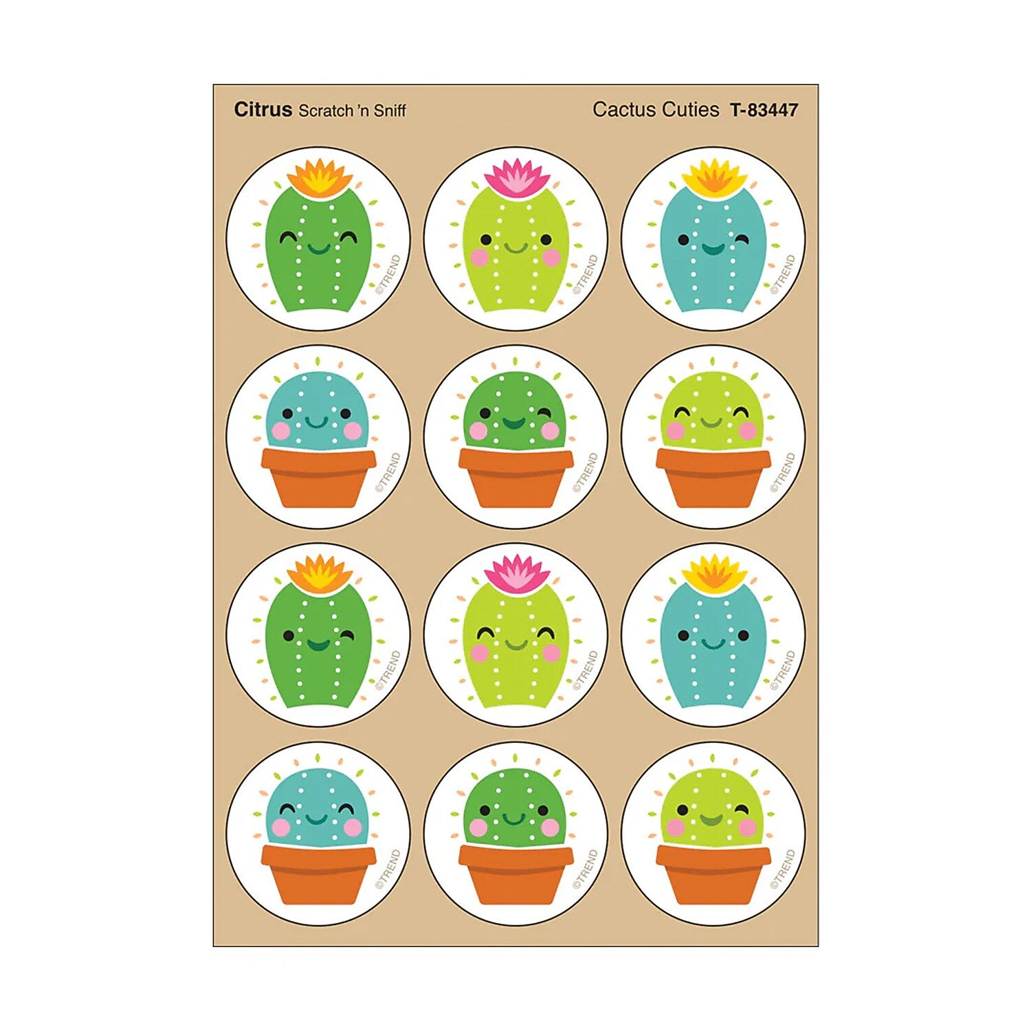 Trend Enterprises Cactus Cuties Citrus scent Scratch 'n Sniff Stinky Stickers, Multicolored, 48/Pack, 6/Packs/Bundle (T-83447-6)