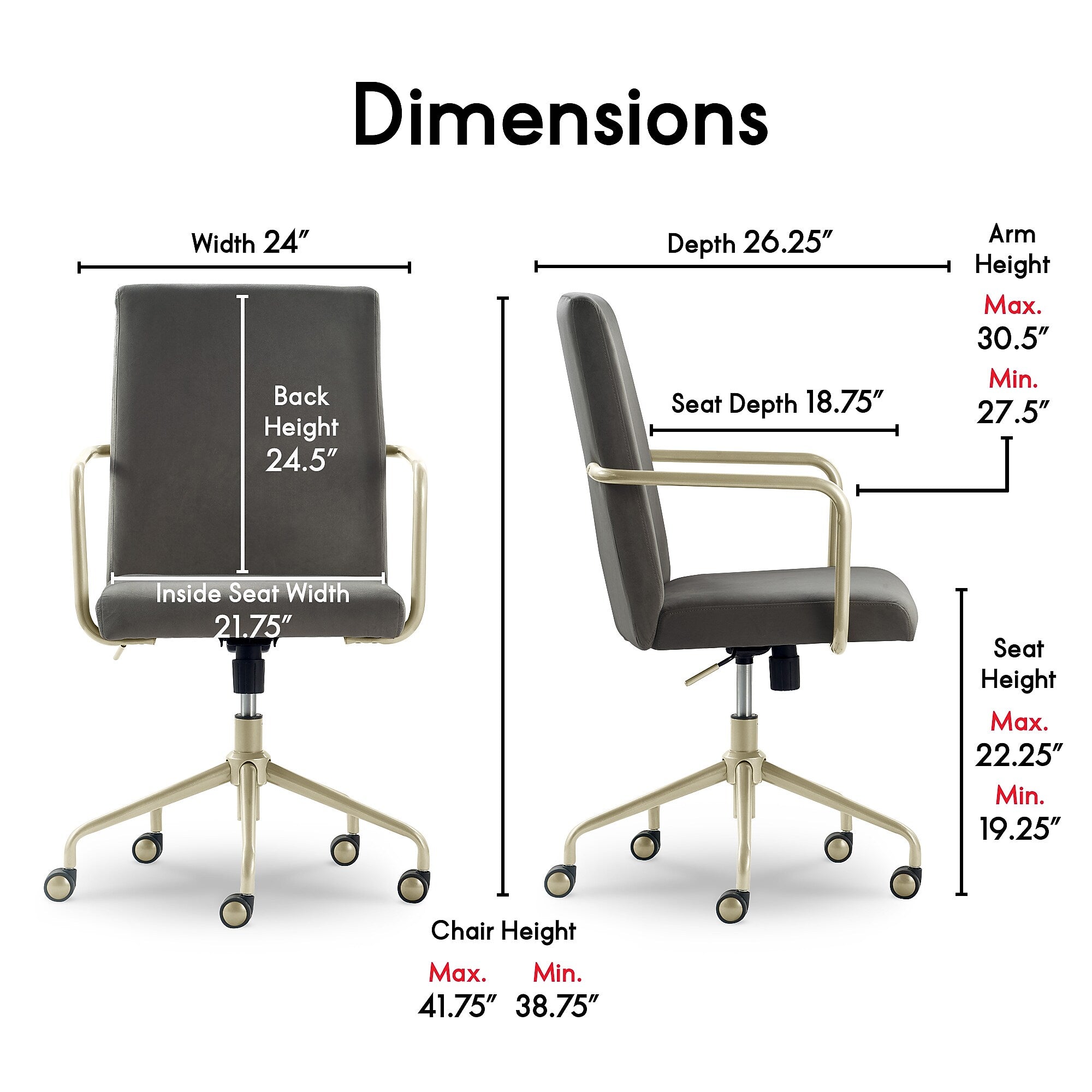 Elle Decor Giselle Fabric Computer and Desk Chair, Light Gray/Gold (CHR10058B)