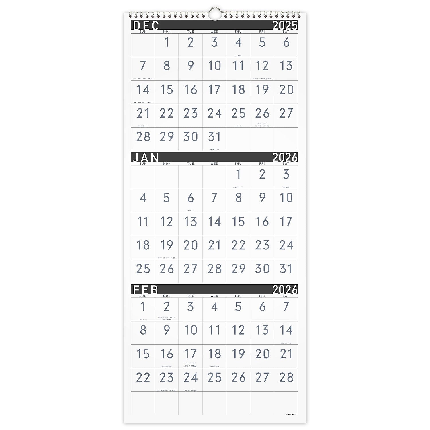 2026 AT-A-GLANCE Contemporary 12" x 27" Three-Month Wall Calendar, White/Black (PM11X-28-26)