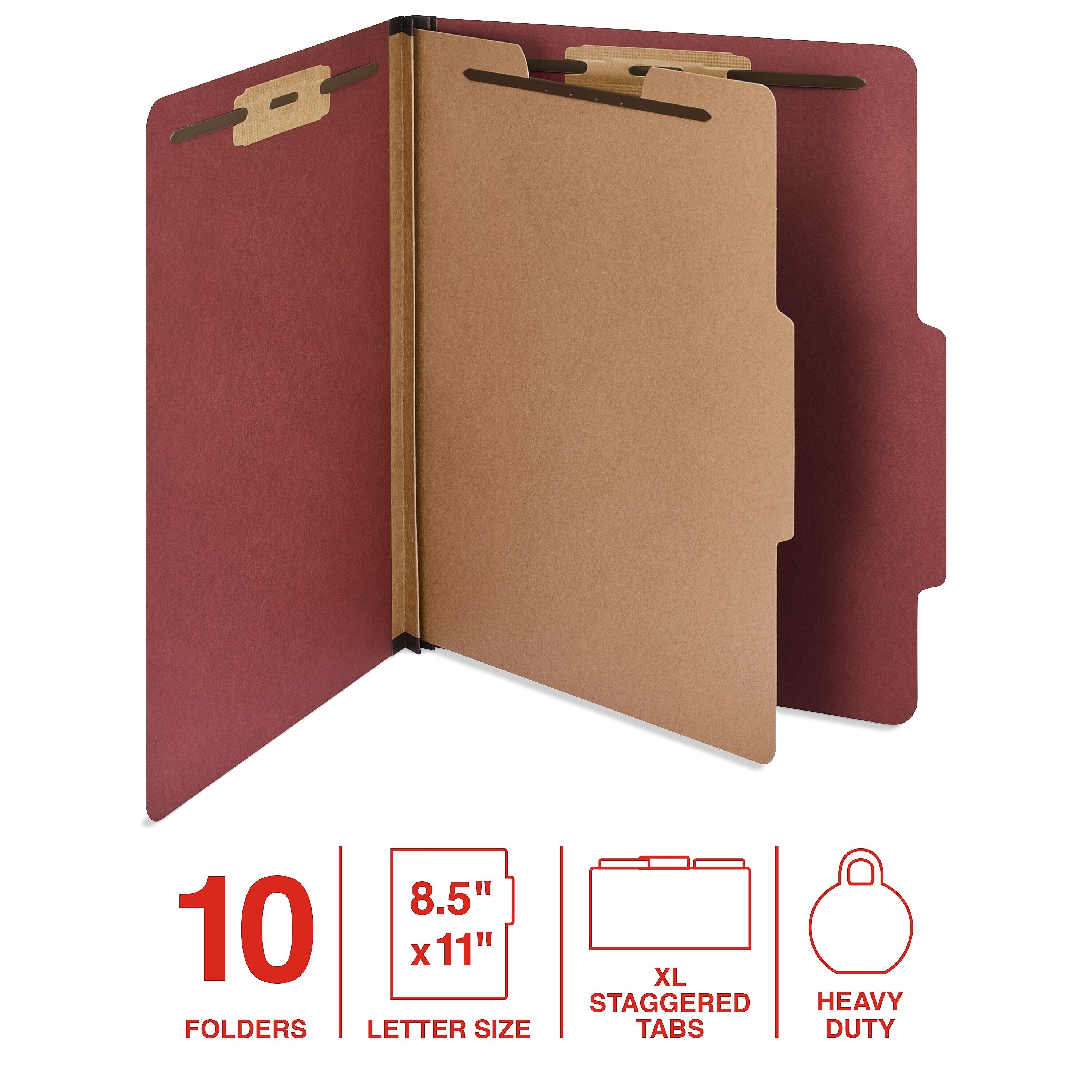 Staples 60% Recycled Heavy Duty Pressboard Classification Folder, 1-Divider, 2" Expansion, Letter Size, Red, 10/Box (ST62558)