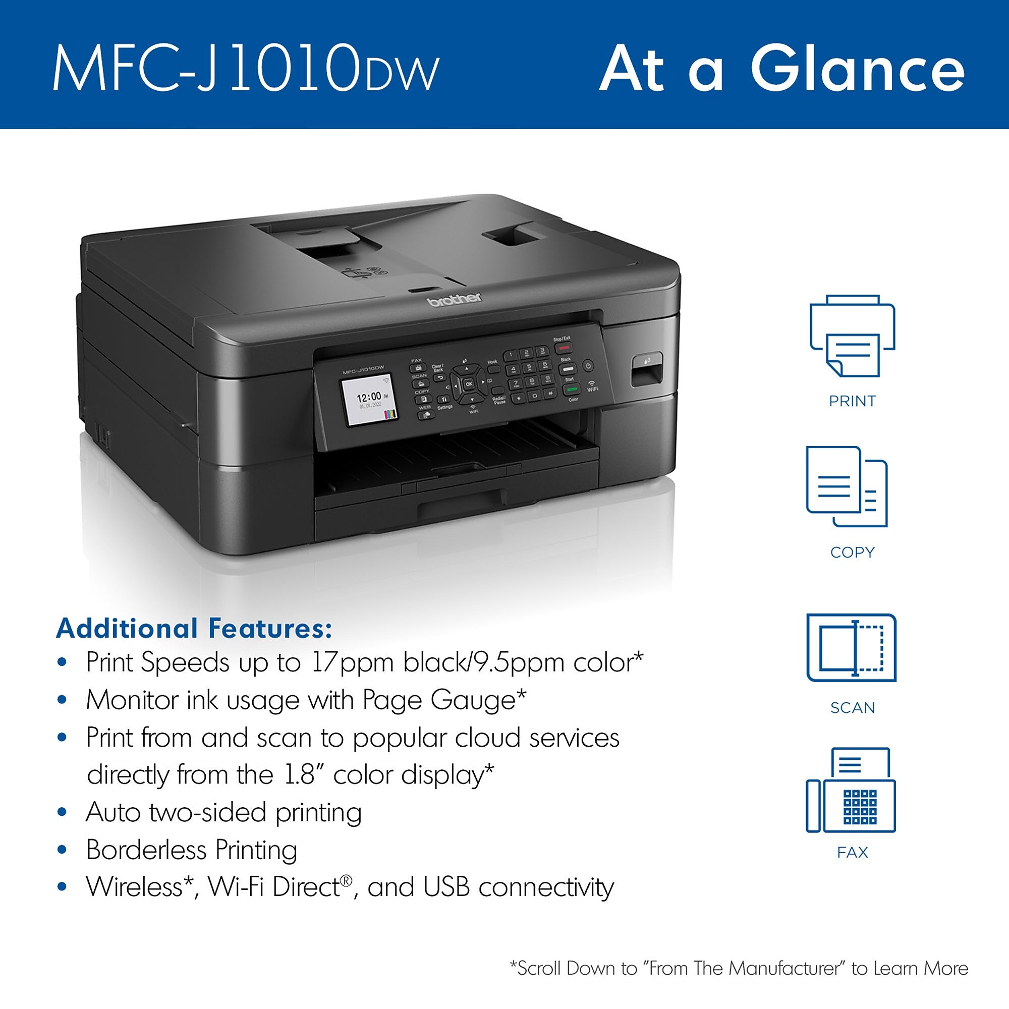 Brother MFC-J1010DW Wireless Color Inkjet Printer, All-In-One, Print, Scan, Copy, Fax (MFCJ1010DW)