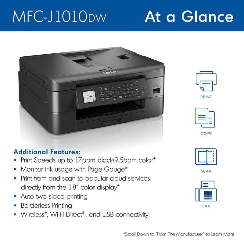 Brother MFC-J1010DW Wireless Color Inkjet Printer, All-In-One, Print, Scan, Copy, Fax (MFCJ1010DW)