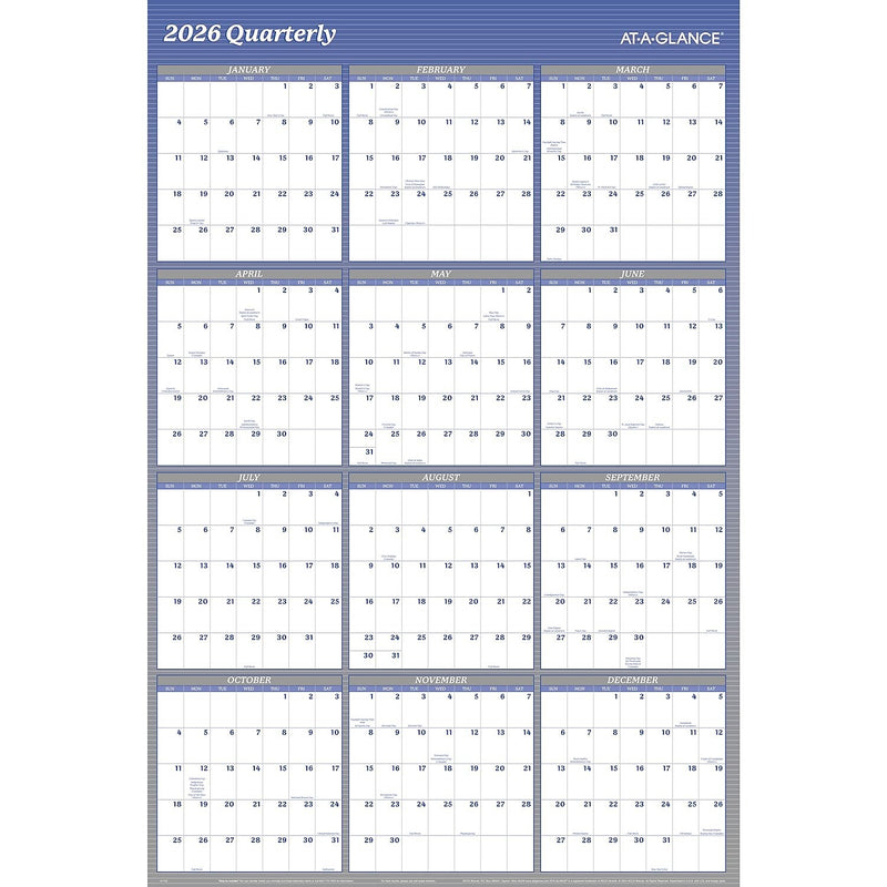2026 AT-A-GLANCE 48" x 32" Yearly Dry Erase Wall Calendar, Reversible, White/Blue (A1152-26)