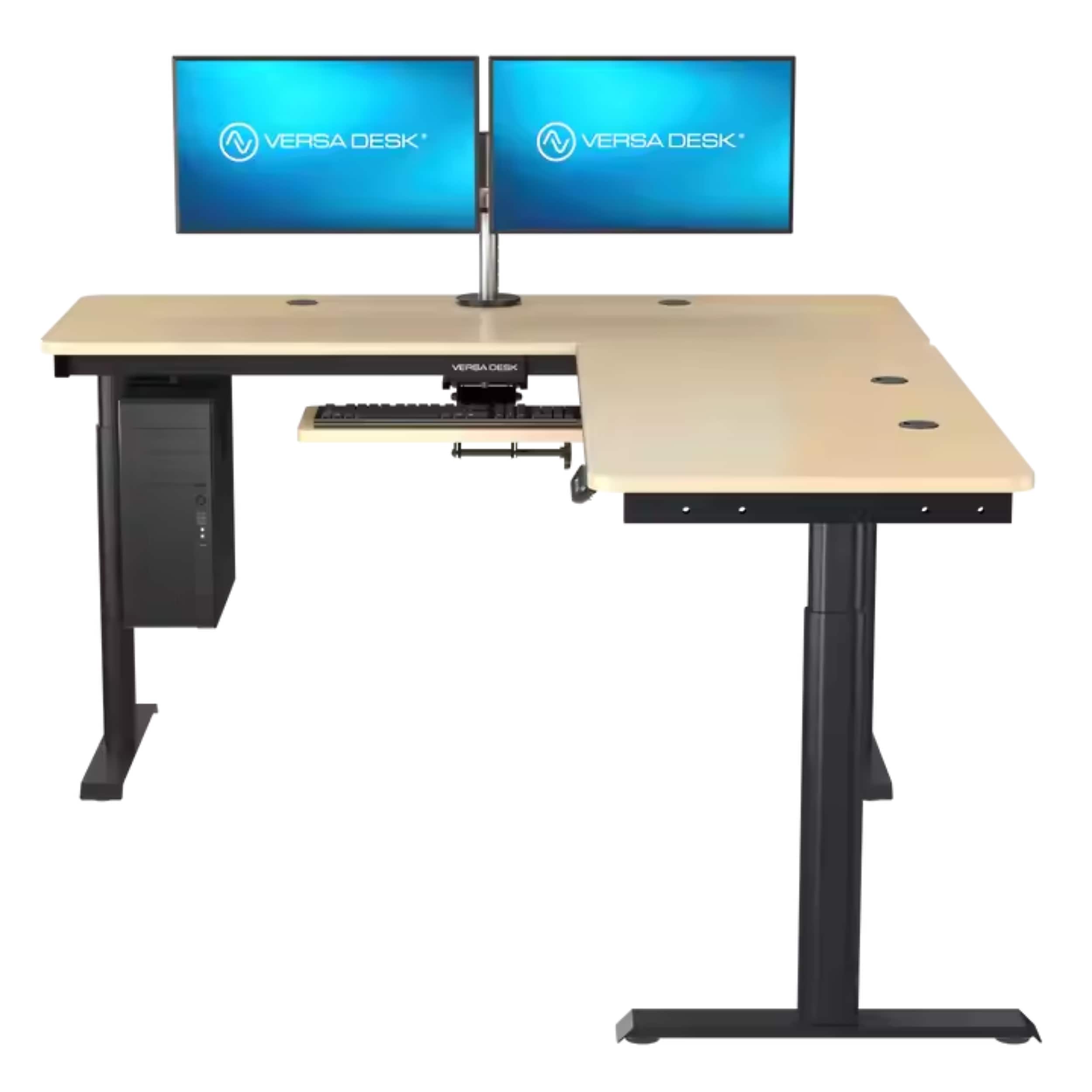 VersaDesk PowerLift 72"W Electric L-Shaped Adjustable Standing Desk, Maple/Black (PLLSD7272-BM-APP )