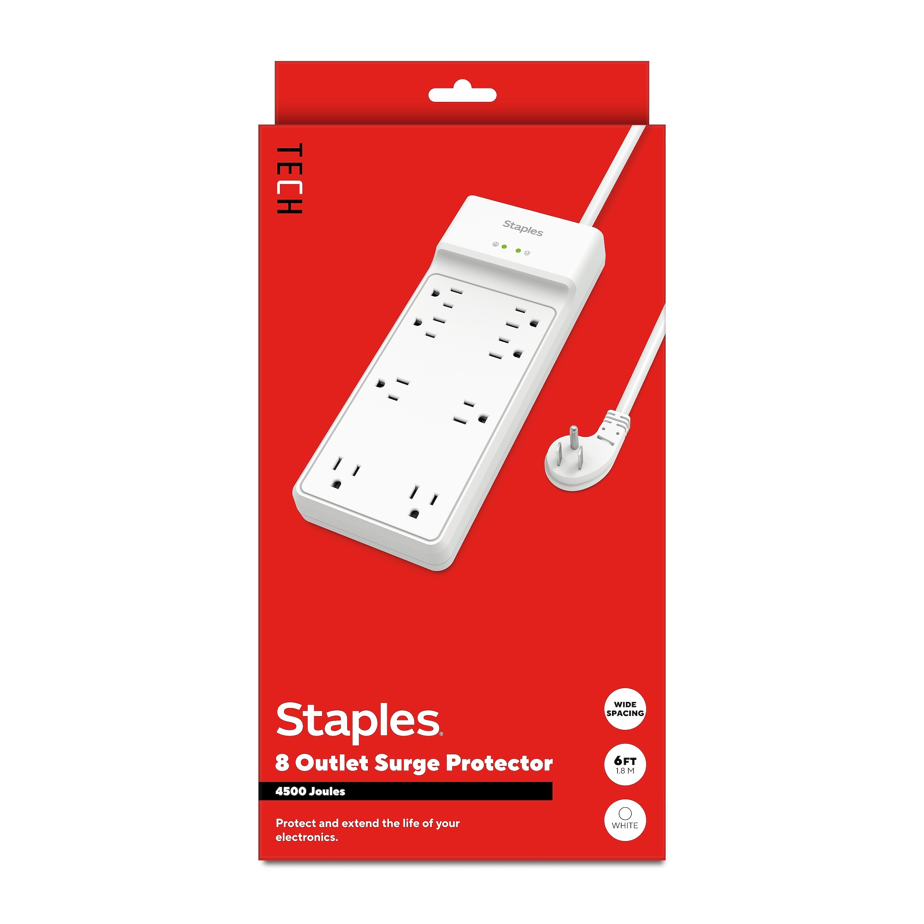 Staples TECH 8-Outlet Surge Protector, 6', 4500 Joules, White (ST62783)