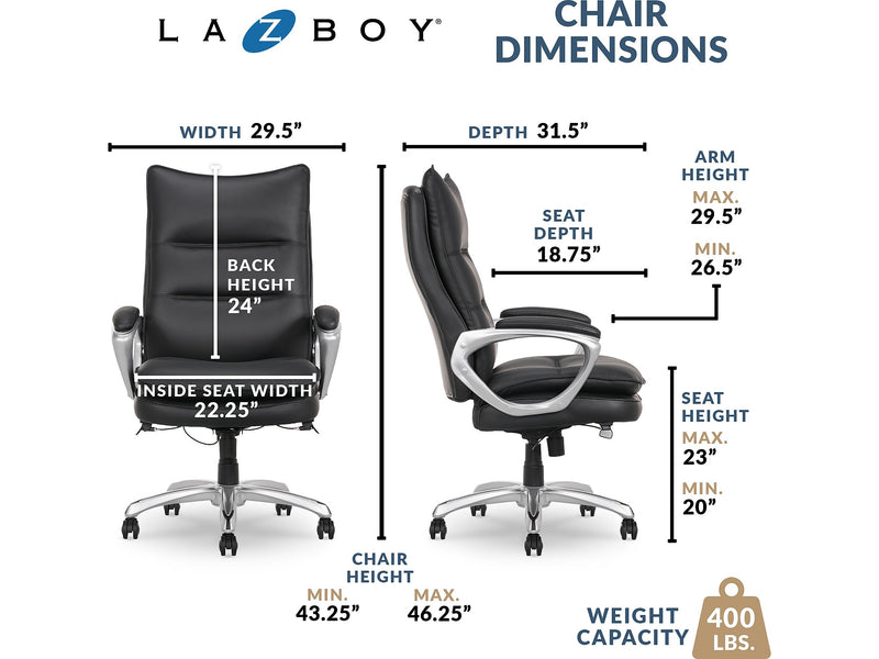 La-Z-Boy Jenkins Ergonomic Bonded Leather Executive Big & Tall Chair, 400 lb. Capacity, Black (60075-BLK)