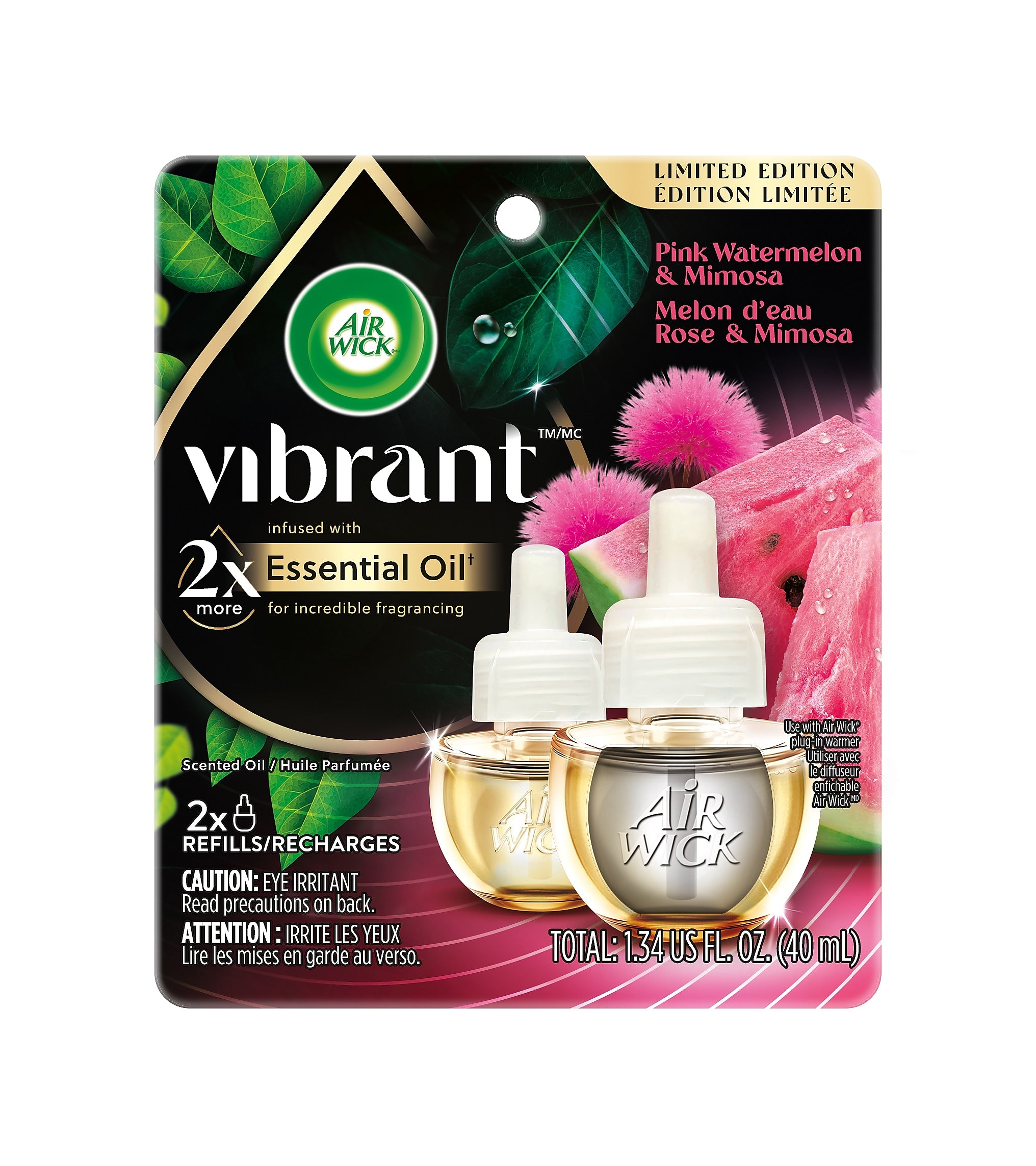 Air Wick Vibrant Scented Oil Warmer Refill, Pink Watermelon & Mimosa, 0.67 fl. oz., 2/Pack (62338-00142)