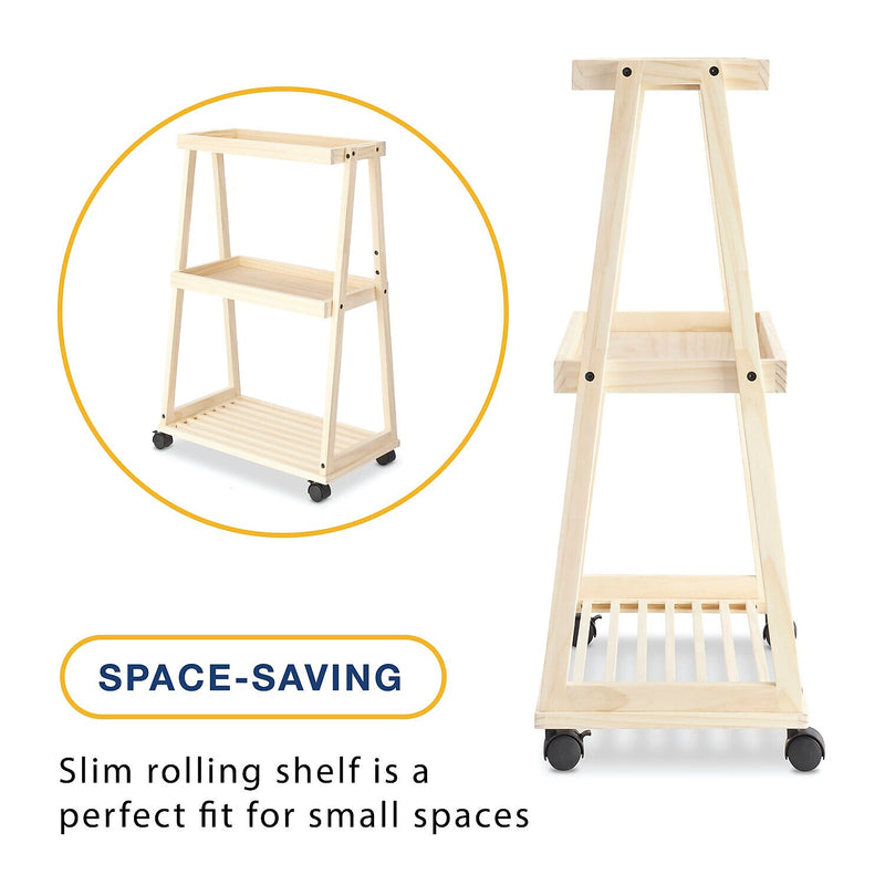 Whitmor 3-Shelf Wood Mobile Kitchen Cart with Lockable Wheels, Natural (6026-11895)
