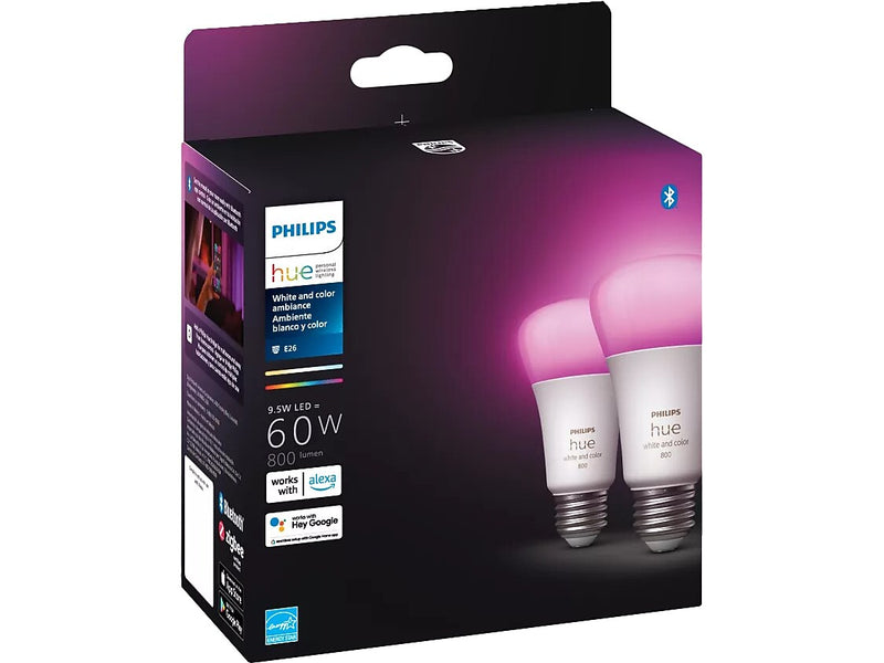 Philips Hue 60W Equivalent A19 LED Smart Light Bulb, Warm White, 2/Pack (548610)