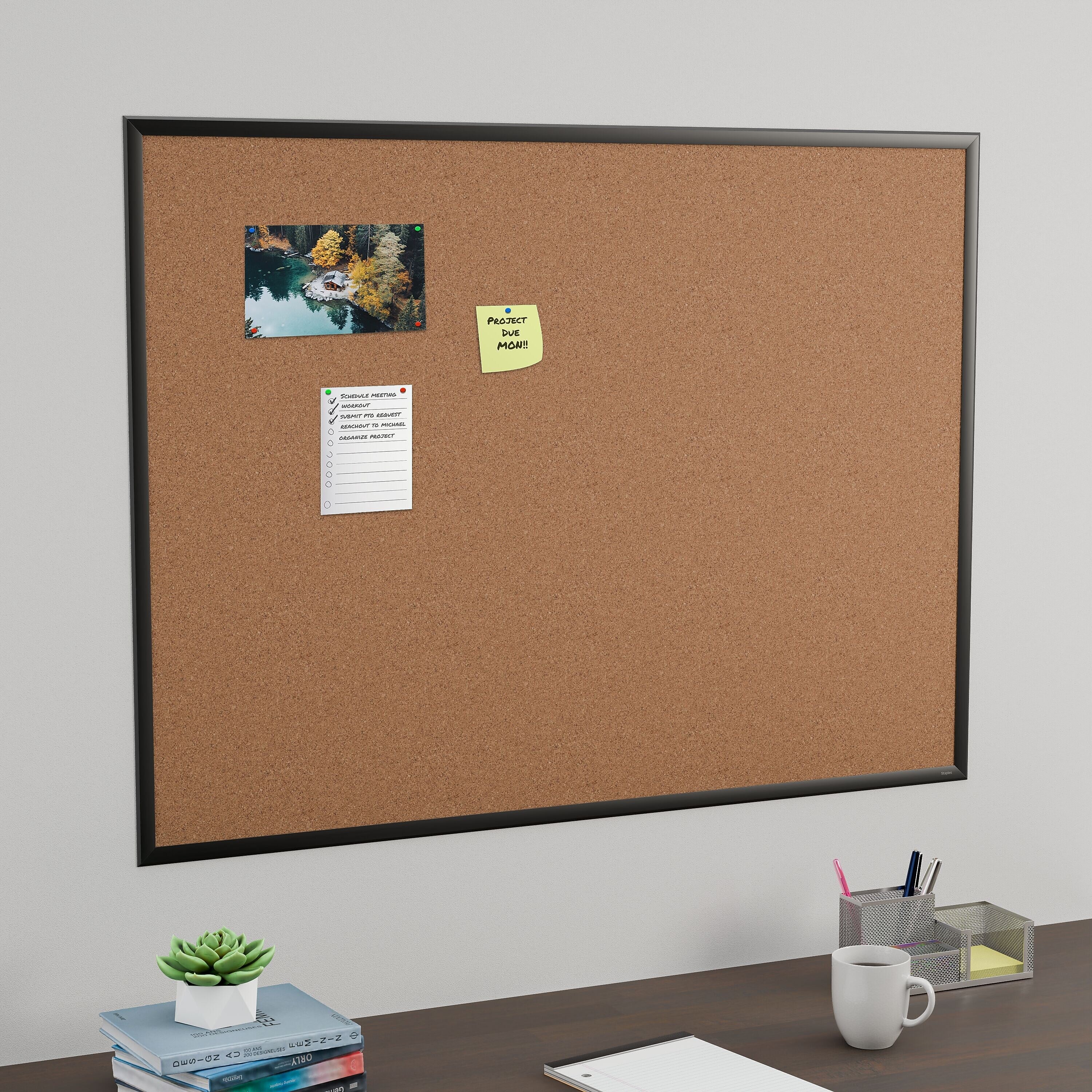 Staples Cork Bulletin Board, Black Frame, 4' x 3' (ST62834)