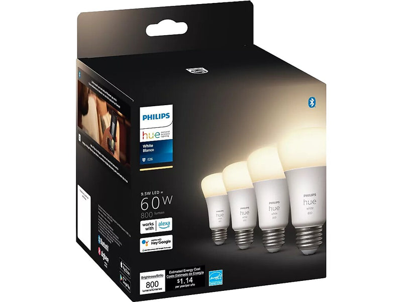 Philips Hue 60W Equivalent A19 LED Smart Light Bulb, Warm White, 4/Pack (476977)