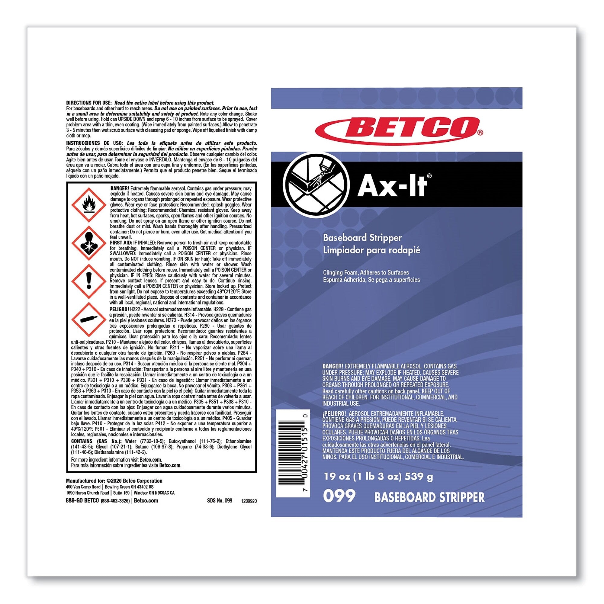 Betco Ax-It Aerosol Baseboard Stripper, Sassafras Scent, 19 oz Aerosol Spray, 12/Carton