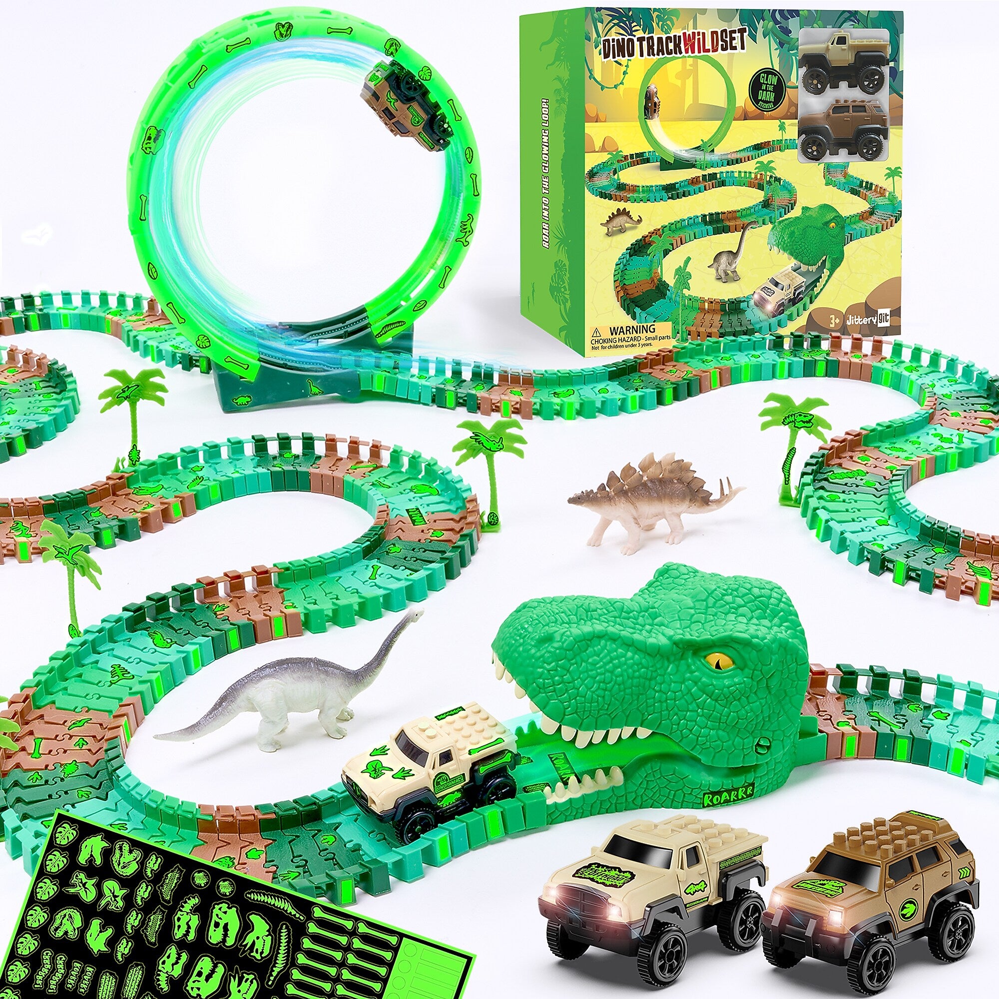 JITTERYGIT Dino Wild Race Track Site Toy Set, 177 Pieces/Pack (DINO-TRACK-GID-JOURNEY-SET - GREEN)