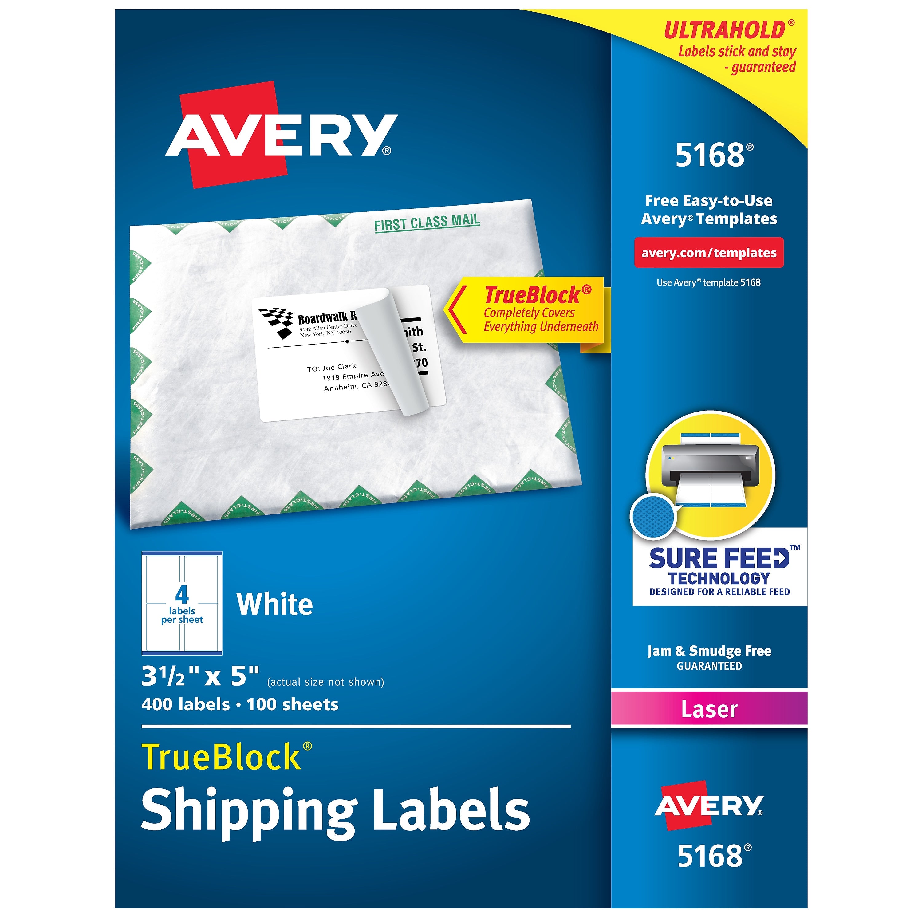 Avery TrueBlock Laser Shipping Labels, 3-1/2" x 5", White, 400 Labels/Box (5168)