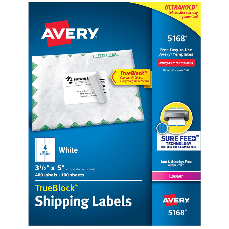 Avery TrueBlock Laser Shipping Labels, 3-1/2" x 5", White, 400 Labels/Box (5168)