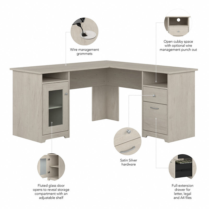 Bush Furniture Cabot 60"W Wood L-Shaped Computer Desk, Linen White Oak (WC31130K)