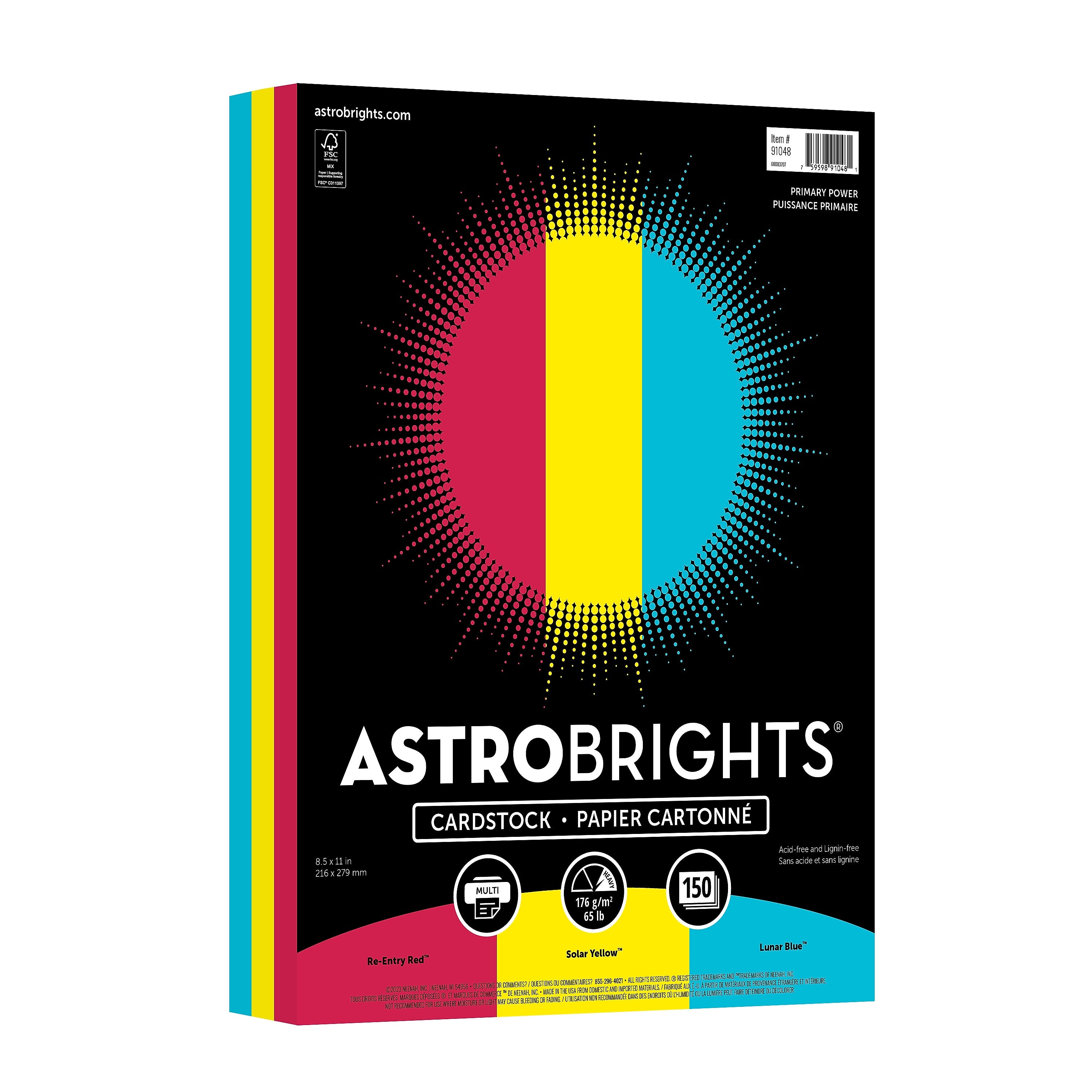 Astrobrights 65 lb. Cardstock Paper, 8.5" x 11", Primary Power Assortment, 150 Sheets/Pack (91048)