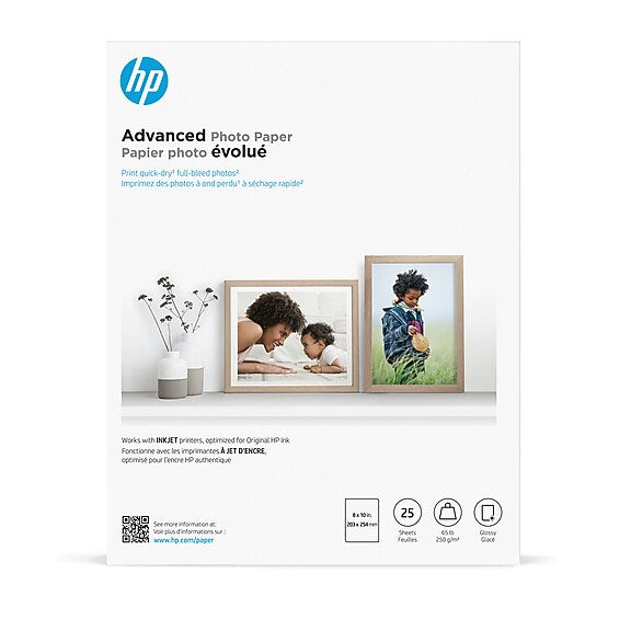HP Advanced Photo Paper, Glossy, 8" x 10", 25 Sheets/Pack (6J777A)