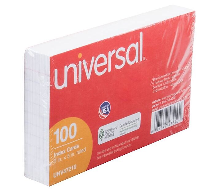 Universal Ruled Index Cards, 3" x 5", White, 100/Pack