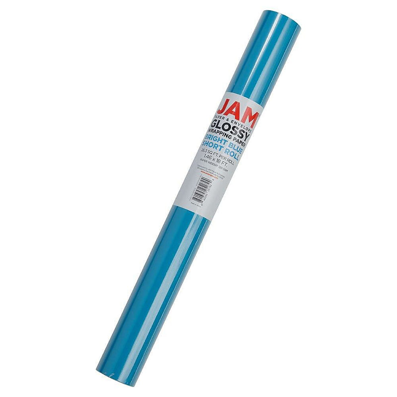 JAM Paper Short Mini Roll Glossy Wrapping Paper,  26.3' x 2.5", Bright Blue, 2/Pack (165S25263bug)