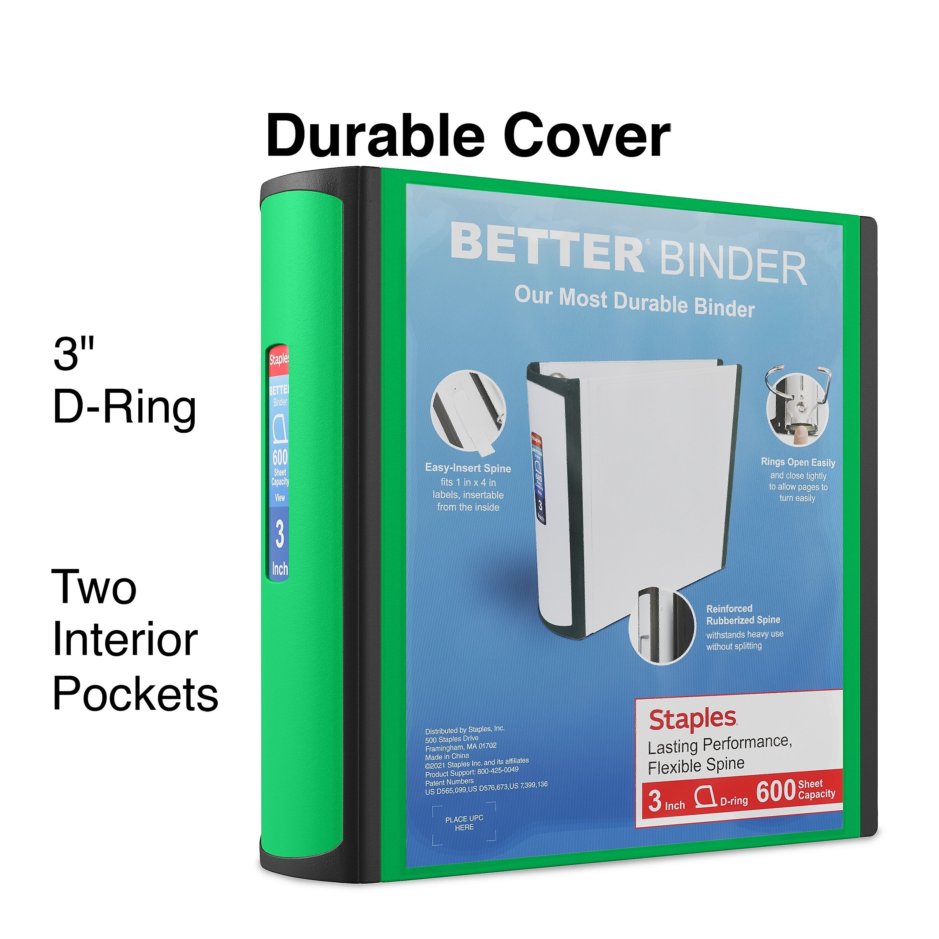 Staples 3" 3-Ring Better Binder, D-Ring, Green (ST55894-CC)