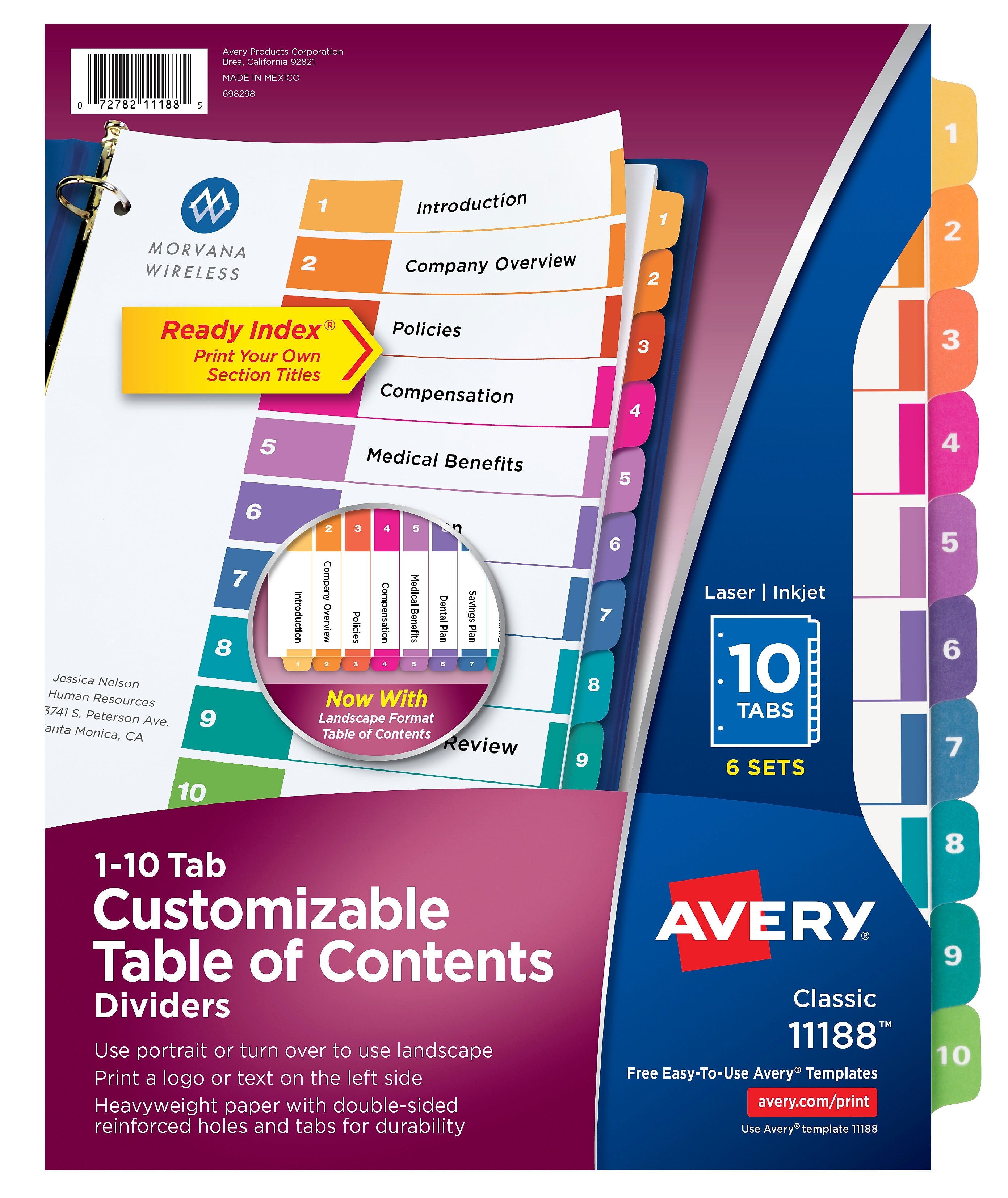 Avery Ready Index Table of Contents Paper Dividers, 1-10 Tabs, Multicolor, 6 Sets/Pack (11188)