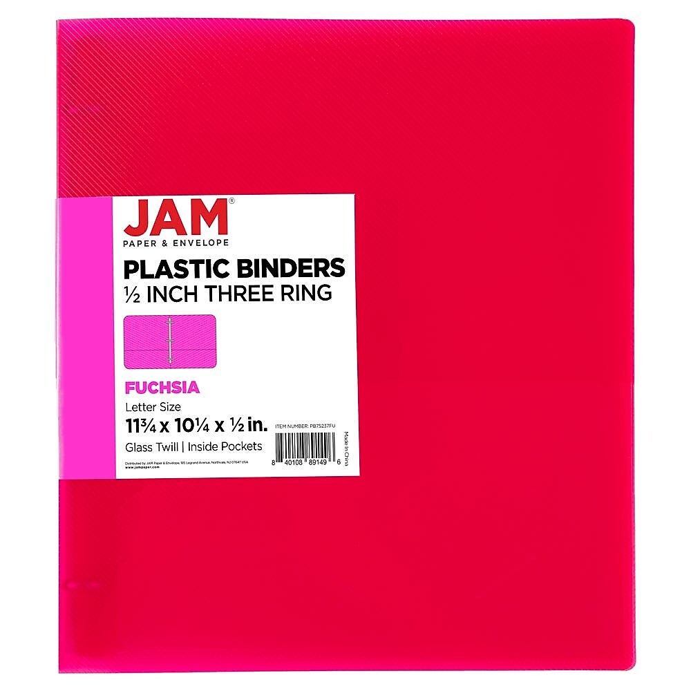 JAM Paper 1/2" 3-Ring Flexible Poly Binder, Fuchsia Pink (PB75237FU)