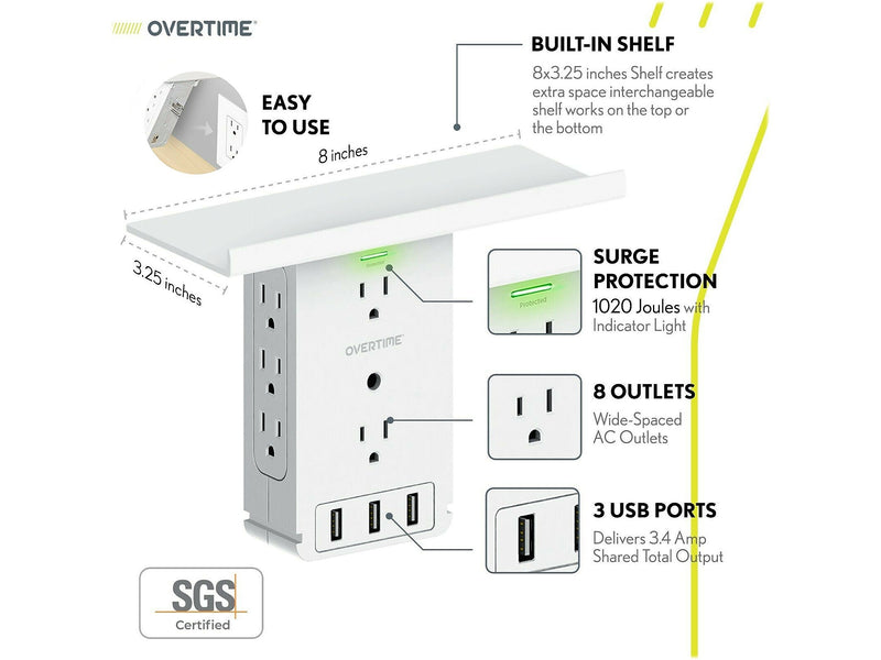Overtime Wall Outlet Shelf, 8 Outlets and 3 USB Ports, Surge Protector, White (OTWP8O3USB)