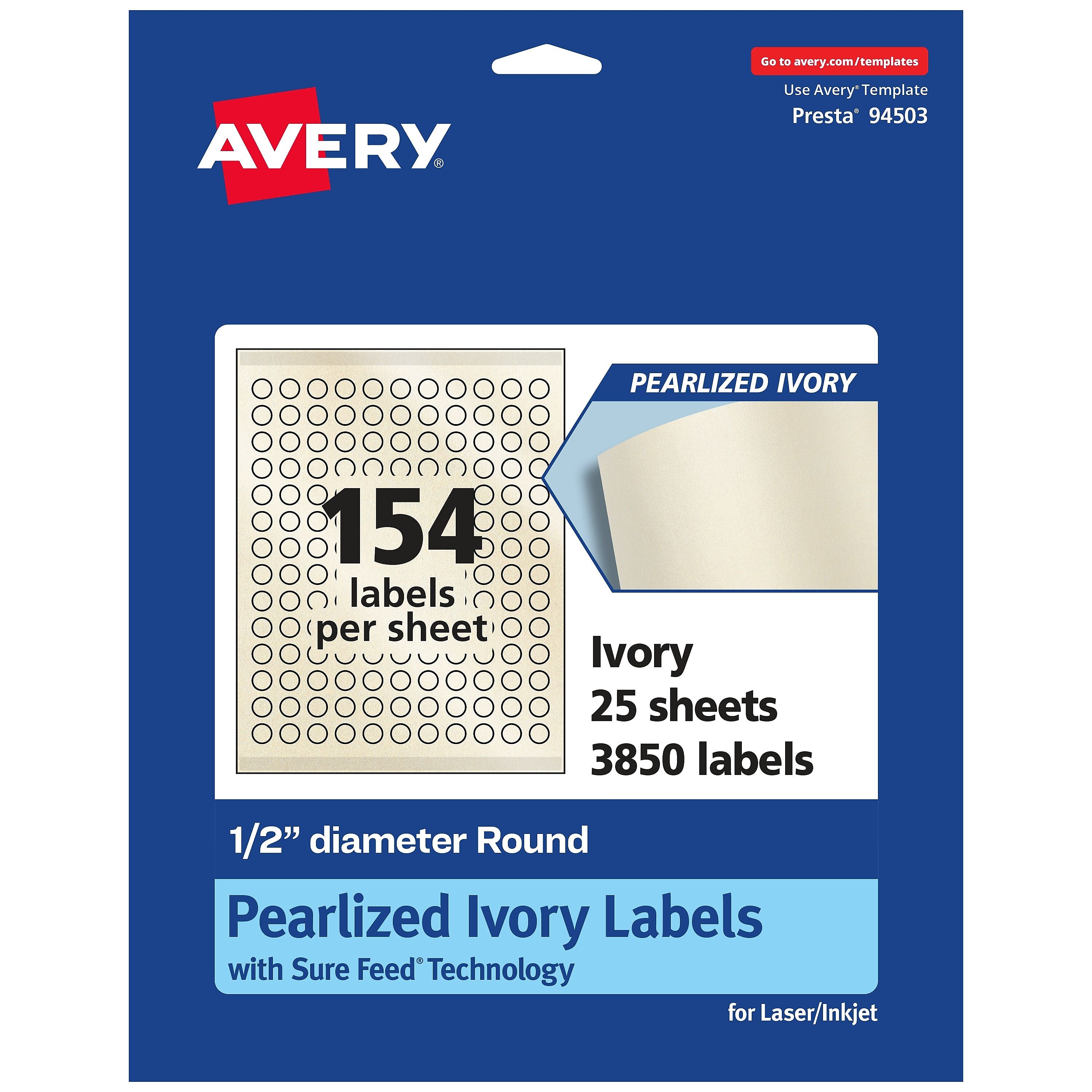 Avery Laser/Inkjet Round Multipurpose Labels, 0.5" Dia., Ivory, 3850 Labels/Pack (94503)