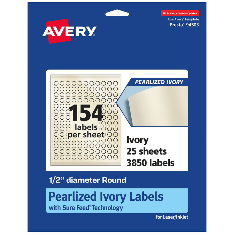 Avery Laser/Inkjet Round Multipurpose Labels, 0.5" Dia., Ivory, 3850 Labels/Pack (94503)