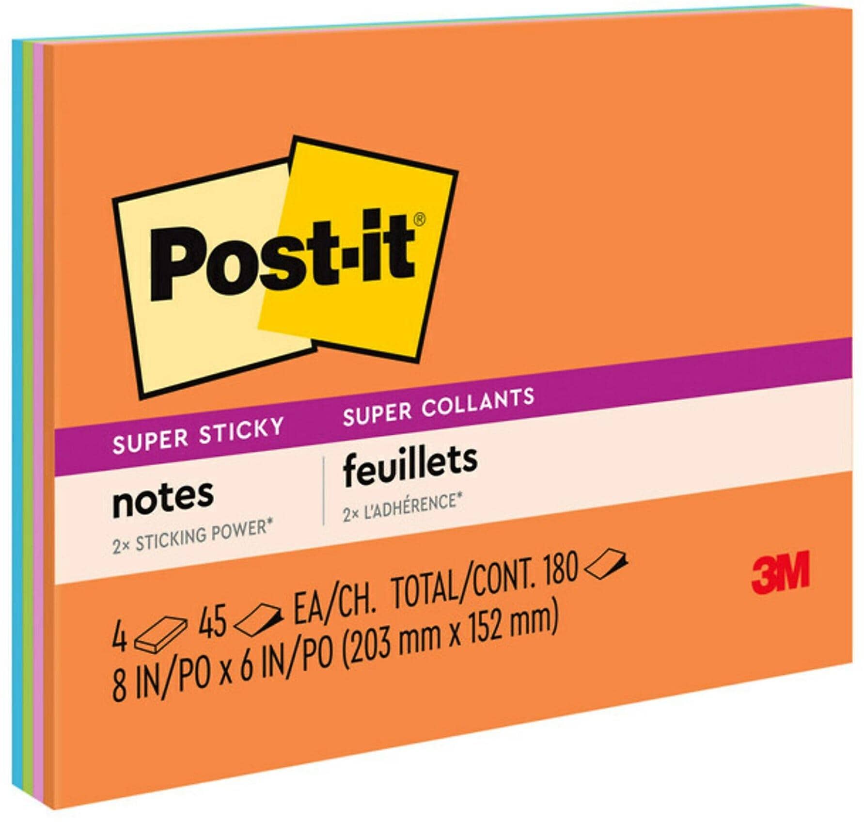 Post-it Super Sticky Notes, 8" x 6", Energy Boost Collection, 45 Sheet/Pad, 4 Pads/Pack (6845SSP)