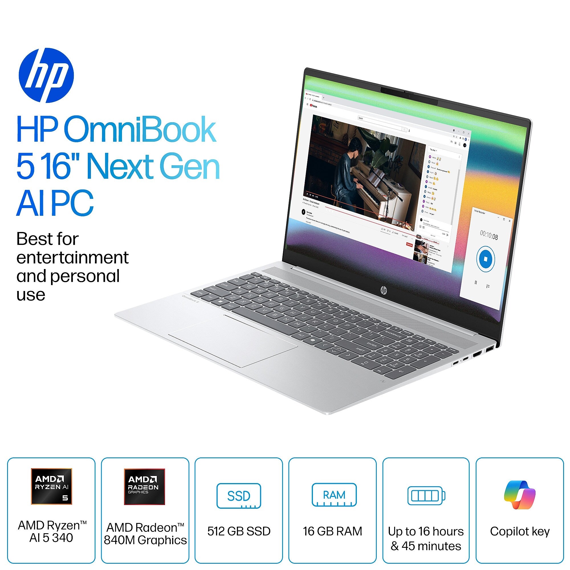 HP OmniBook 5 16" 2K Laptop, Copilot+ PC, AMD Ryzen AI 5 340, 16GB RAM, 512GB SSD, +16.75 Hour Battery, Windows 11 Home
