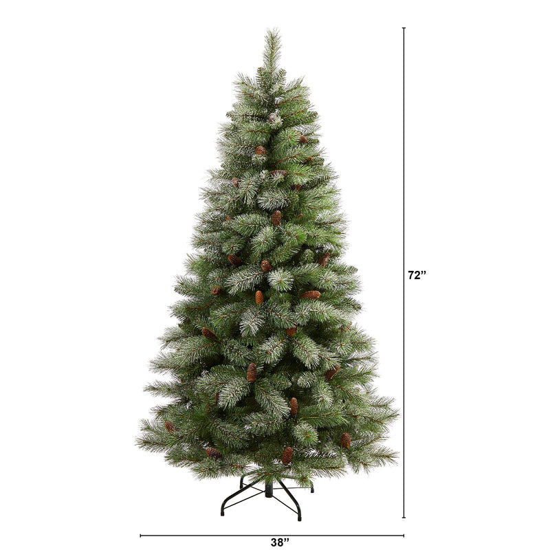 Nearly Natural 6-ft Snowed French Alps Mountain Pine Artificial Christmas Tree with 583 Bendable Branches and Pine Cones (T1859)